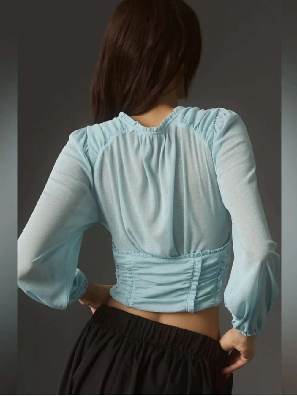 ANTHROPOLOGIE Long-Sleeve Femme Ruched Cropped Top Blue Mesh Small